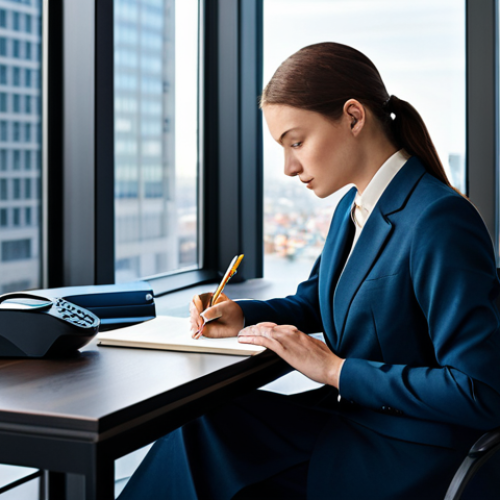 Home 4 A professional individual in a modest business suit, sitting calmly at a sleek desk in a bright, modern office. The room features a large window overlooking a clean, contemporary cityscape, suggesting an urban environment. The individual is engaged in quiet self-reflection, perhaps holding a pen near a journal. The scene conveys a sense of peaceful contemplation amidst a busy professional setting. Professional photography, natural lighting, high resolution, perfect anatomy, correct proportions, natural pose, well-formed hands, proper finger count, natural body proportions, safe for work, appropriate content, fully clothed, professional dress, modest clothing.