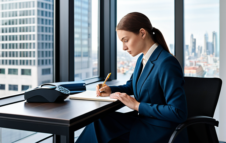 A professional individual in a modest business suit, sitting calmly at a sleek desk in a bright, modern office. The room features a large window overlooking a clean, contemporary cityscape, suggesting an urban environment. The individual is engaged in quiet self-reflection, perhaps holding a pen near a journal. The scene conveys a sense of peaceful contemplation amidst a busy professional setting. Professional photography, natural lighting, high resolution, perfect anatomy, correct proportions, natural pose, well-formed hands, proper finger count, natural body proportions, safe for work, appropriate content, fully clothed, professional dress, modest clothing.